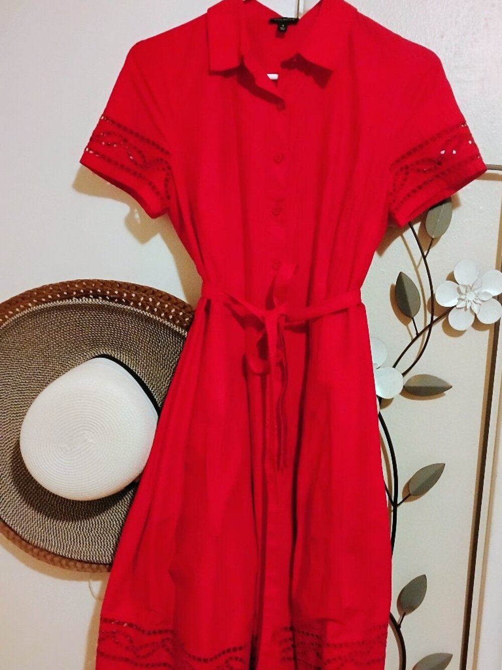 Women's Talbots Belted Red Dress Poplin with eyelet lace, Size 4 NWOT